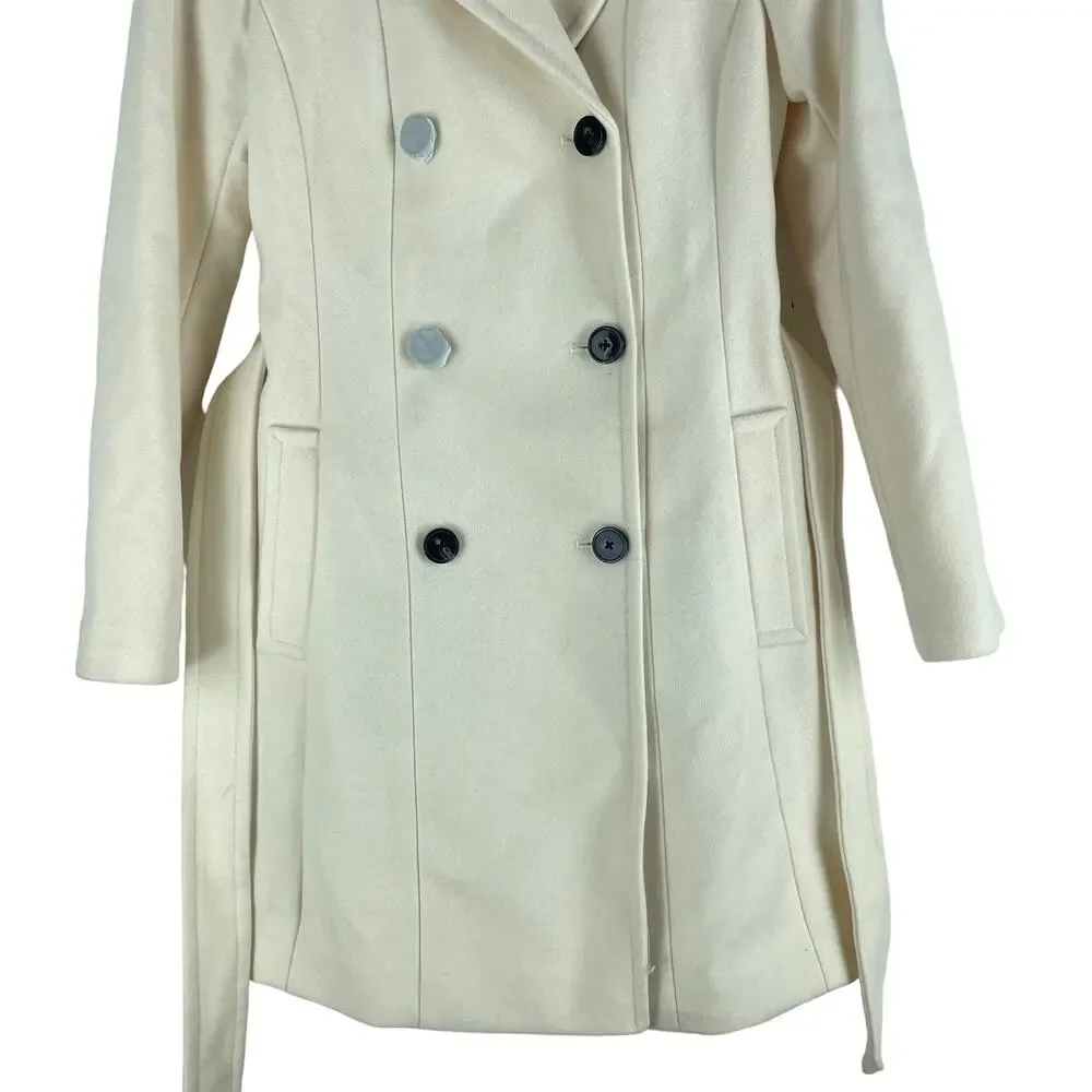 Express Premium Wool Blend Belted Double Breasted Coat Cream White Size XS